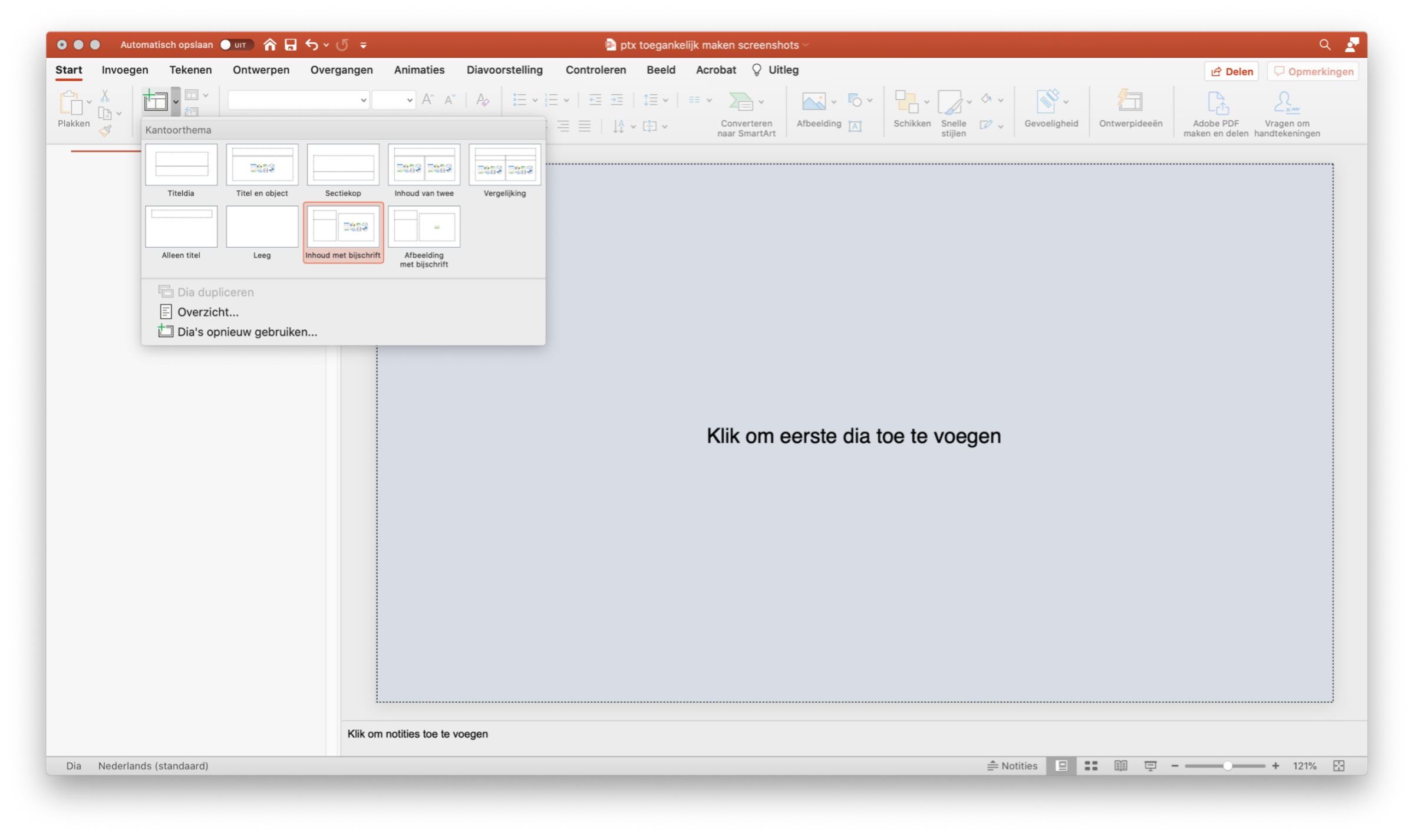 Schermopname van PowerPoint voor het invoegen van een nieuwe dia via een template.