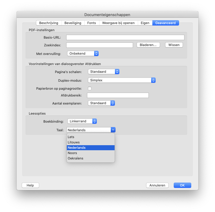 optie voor het toewijzen van de taal van een pdf in het venster documenteigenschappen