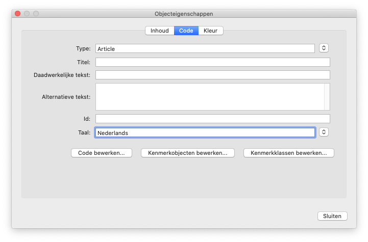 optie voor het toewijzen van de taal van een element in het venster objecteigenschappen